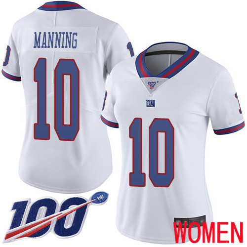 Women New York Giants #10 Eli Manning Limited White Rush Vapor Untouchable 100th Season Football NFL Jersey
